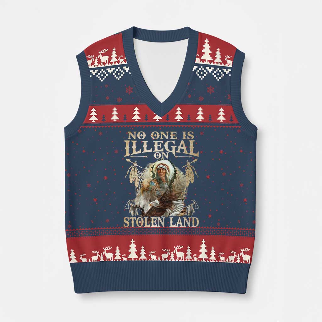 Native American V-Neck Knit Sweater Vest No One Is Illegal On Stolen Land Eagle Tribe TS11 Navy Red Print Your Wear