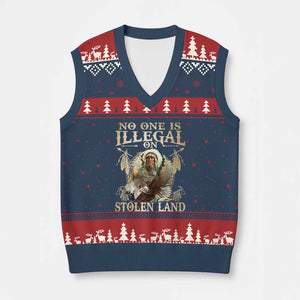 Native American V-Neck Knit Sweater Vest No One Is Illegal On Stolen Land Eagle Tribe TS11 Navy Red Print Your Wear