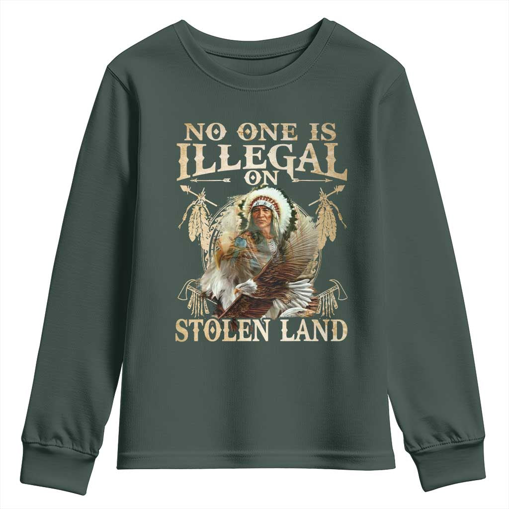Native American Youth Sweatshirt No One Is Illegal On Stolen Land Eagle Tribe TS11 Dark Forest Green Print Your Wear