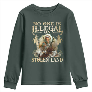 Native American Youth Sweatshirt No One Is Illegal On Stolen Land Eagle Tribe TS11 Dark Forest Green Print Your Wear
