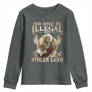 Native American Youth Sweatshirt No One Is Illegal On Stolen Land Eagle Tribe TS11 Dark Heather Print Your Wear