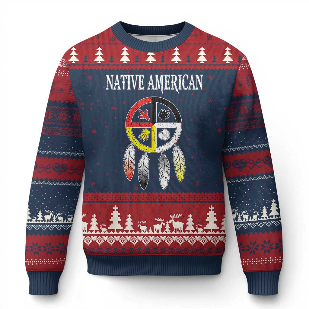 Native American Ugly Christmas Sweater Medicine Wheel Dreamcatcher Spirit Animal Paws TS11 Navy Red Print Your Wear