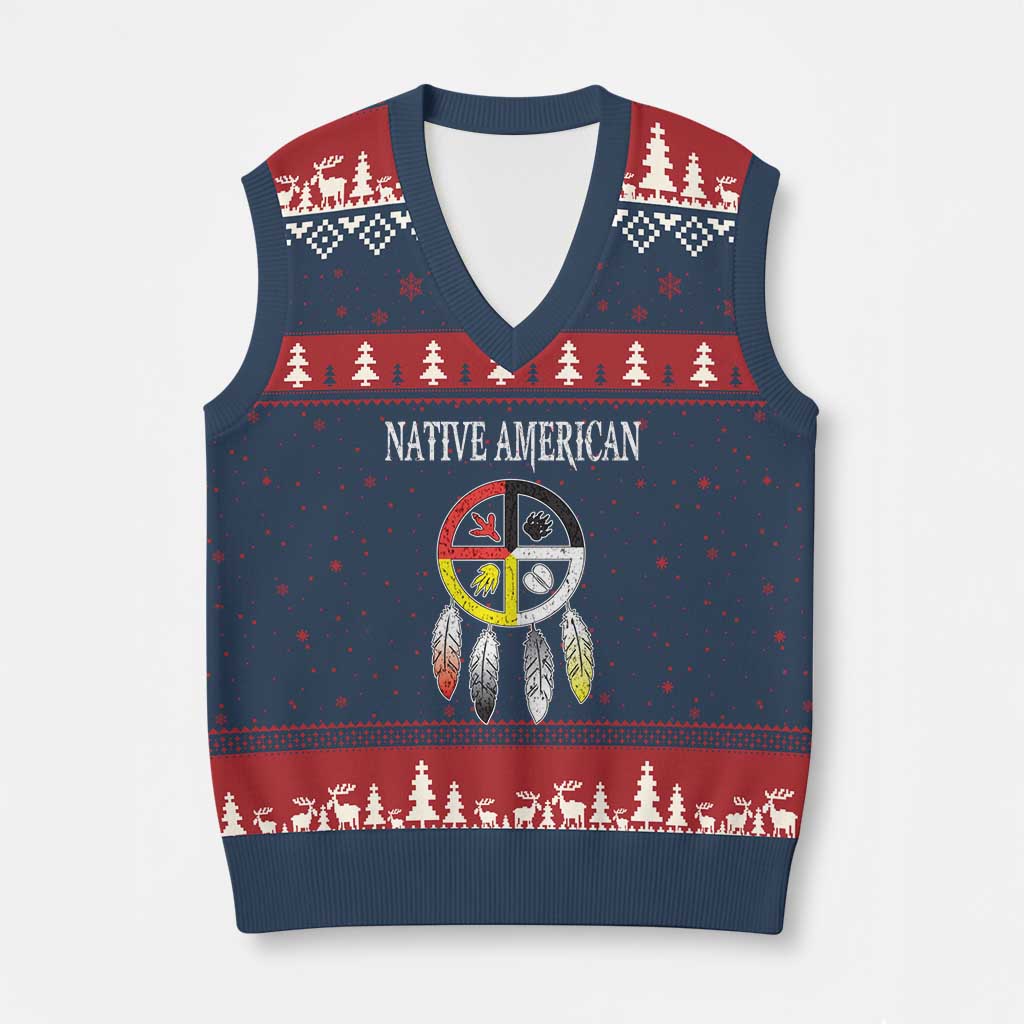 Native American V-Neck Knit Sweater Vest Medicine Wheel Dreamcatcher Spirit Animal Paws TS11 Navy Red Print Your Wear