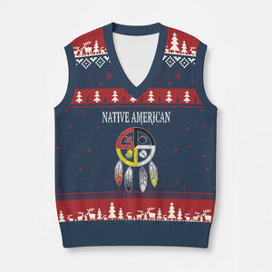 Native American V-Neck Knit Sweater Vest Medicine Wheel Dreamcatcher Spirit Animal Paws TS11 Navy Red Print Your Wear