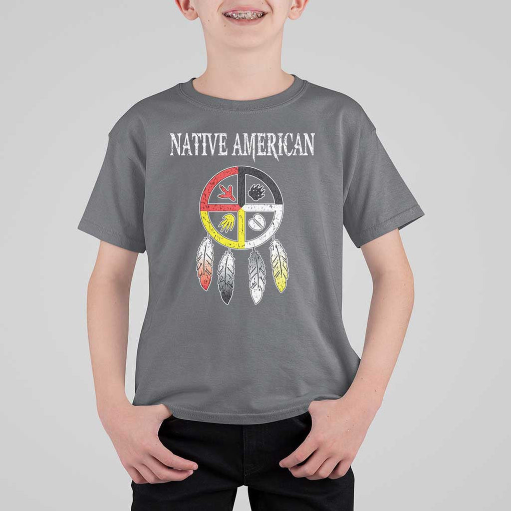 Native American T Shirt For Kid Medicine Wheel Dreamcatcher Spirit Animal Paws TS11 Charcoal Print Your Wear