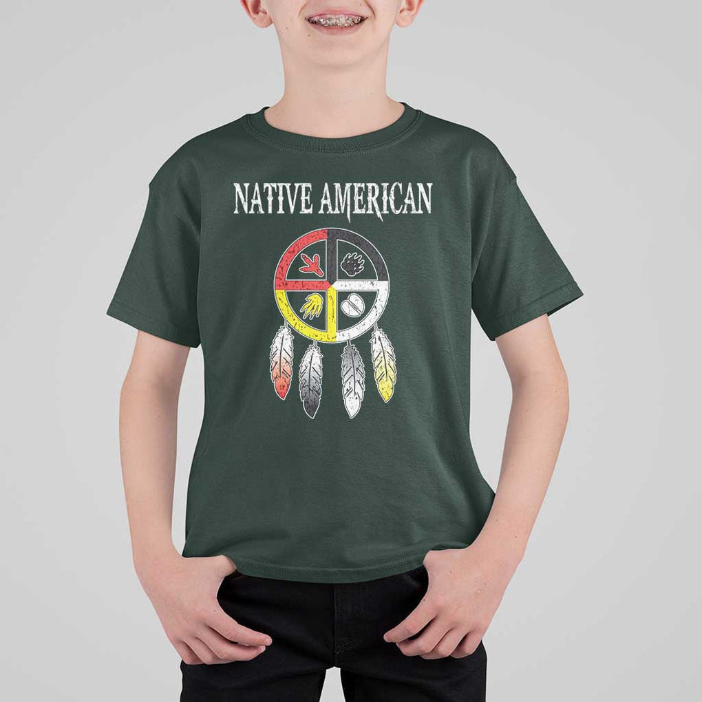 Native American T Shirt For Kid Medicine Wheel Dreamcatcher Spirit Animal Paws TS11 Dark Forest Green Print Your Wear