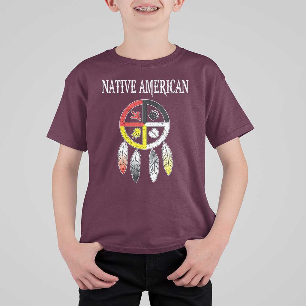 Native American T Shirt For Kid Medicine Wheel Dreamcatcher Spirit Animal Paws TS11 Maroon Print Your Wear