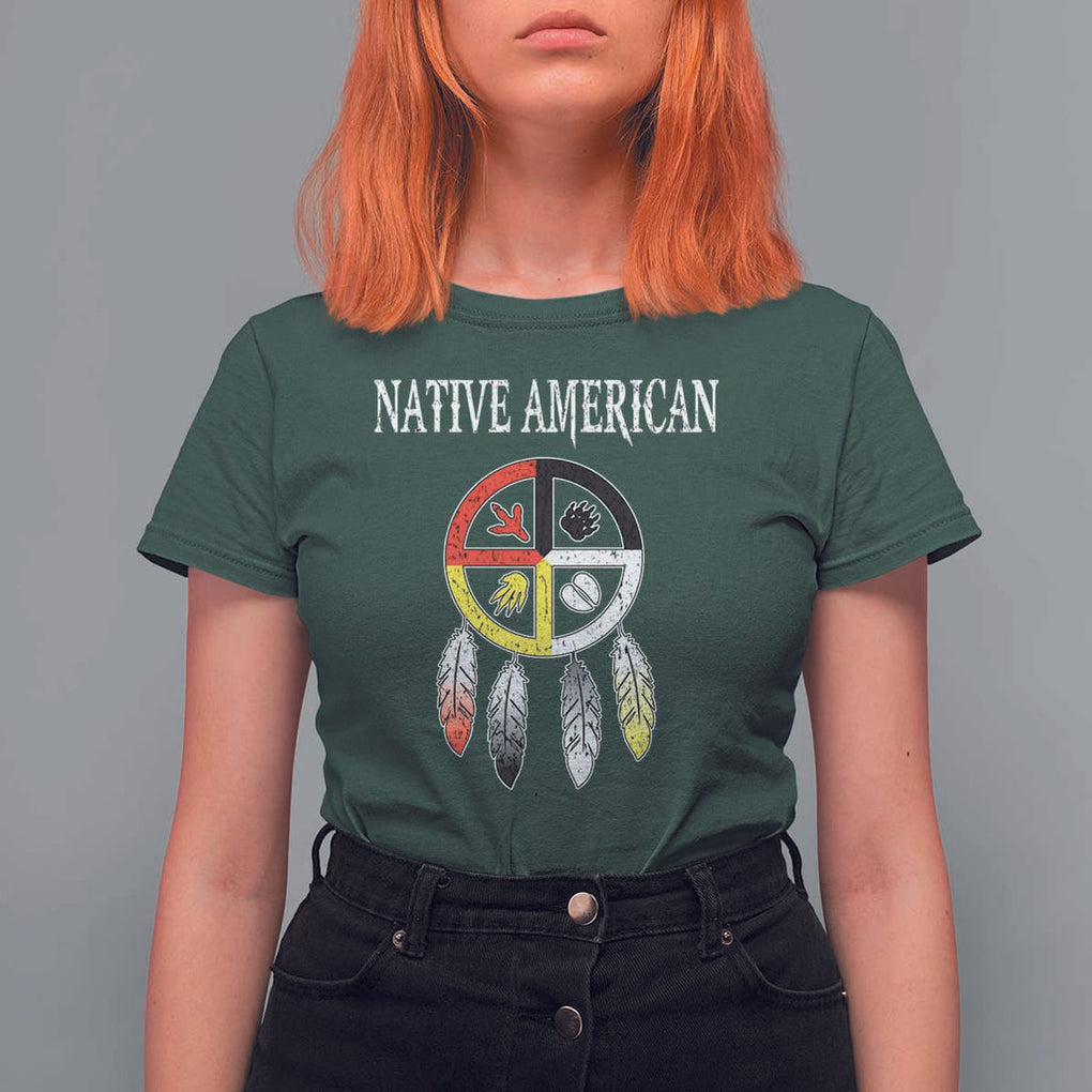 Native American T Shirt For Women Medicine Wheel Dreamcatcher Spirit Animal Paws TS11 Dark Forest Green Print Your Wear