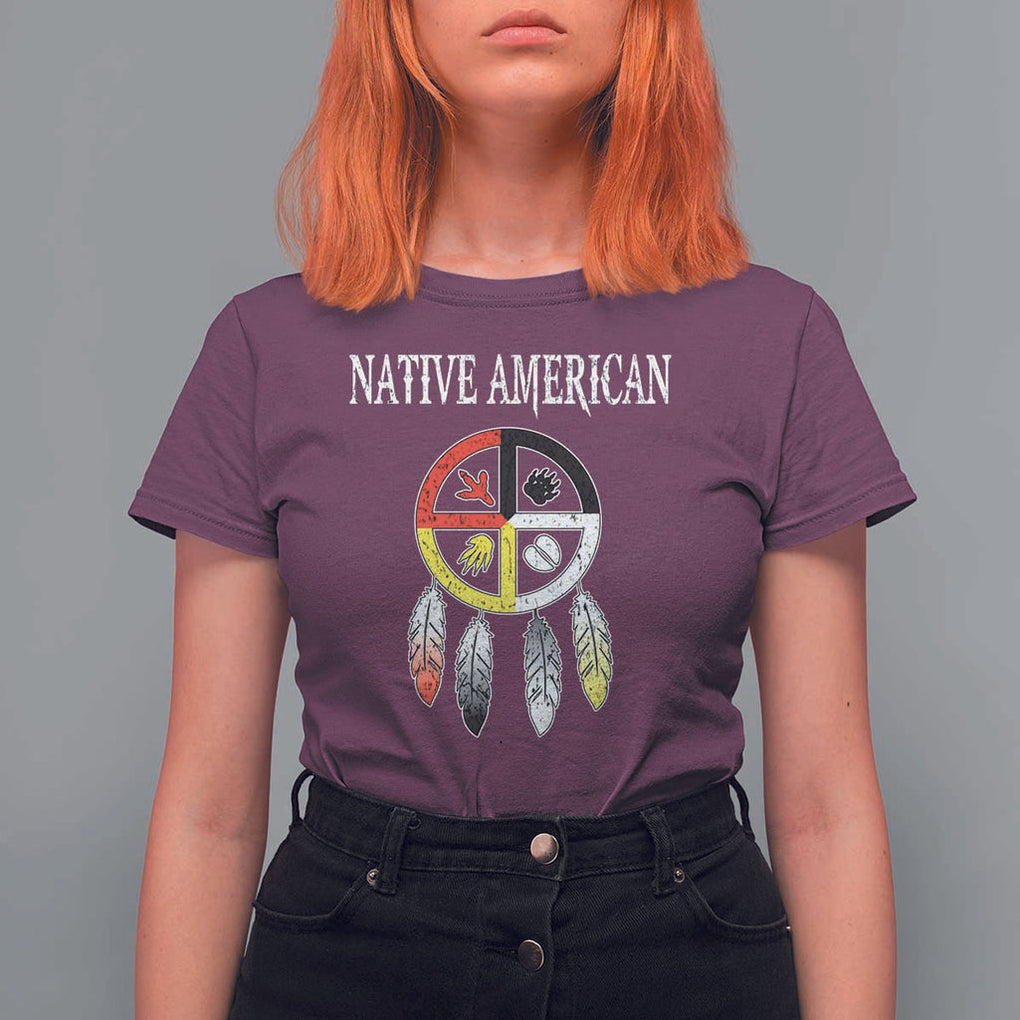 Native American T Shirt For Women Medicine Wheel Dreamcatcher Spirit Animal Paws TS11 Maroon Print Your Wear