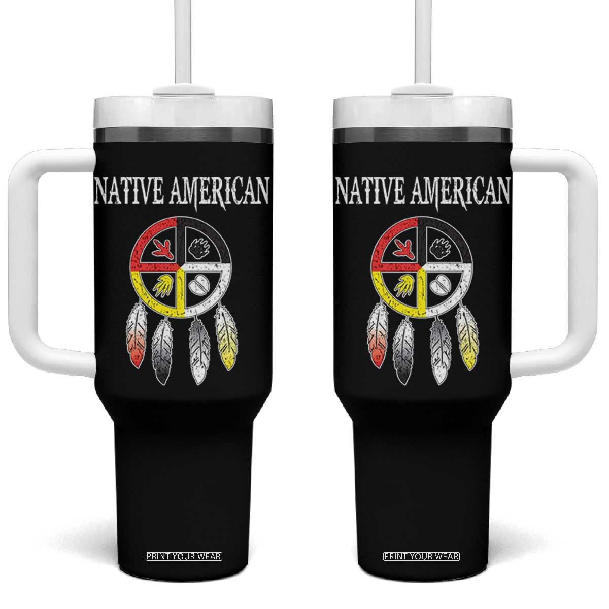 Native American Tumbler With Handle Medicine Wheel Dreamcatcher Spirit Animal Paws TS11 One Size: 40 oz Black Print Your Wear