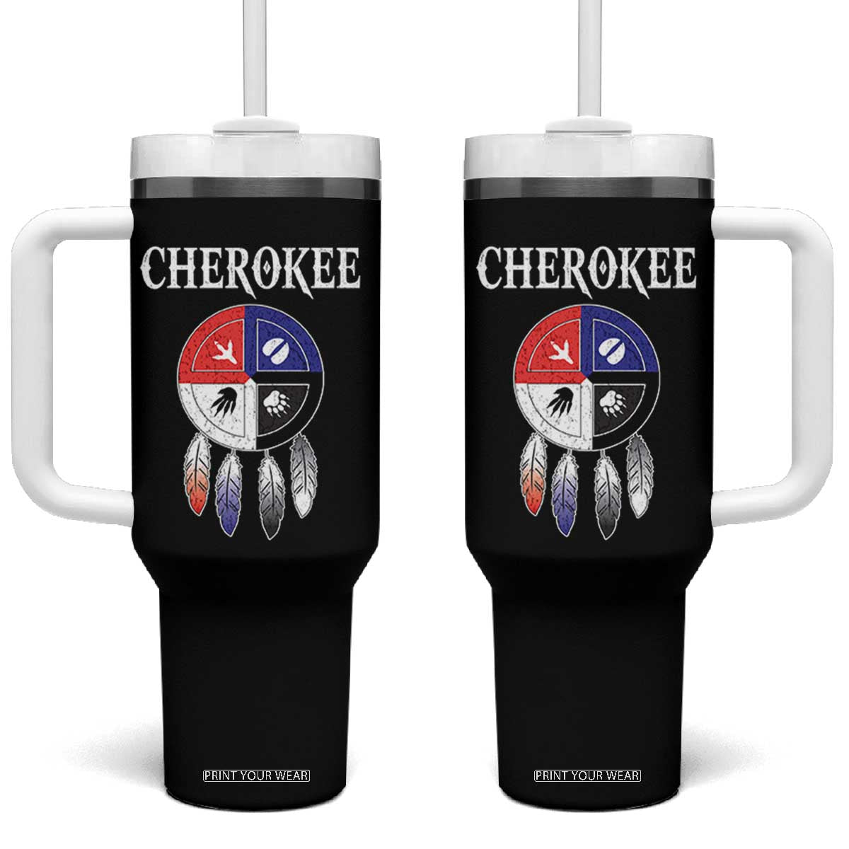 Cherokee Tumbler With Handle Native American Tribes Medicine Wheel Dreamcatcher Spirit Animal Paws TS11 One Size: 40 oz Black Print Your Wear