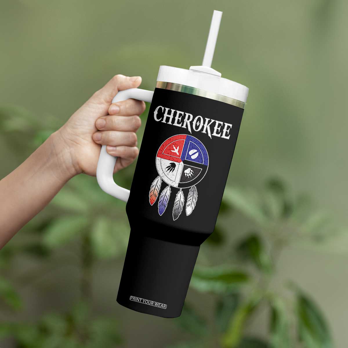 Cherokee Tumbler With Handle Native American Tribes Medicine Wheel Dreamcatcher Spirit Animal Paws TS11 Print Your Wear