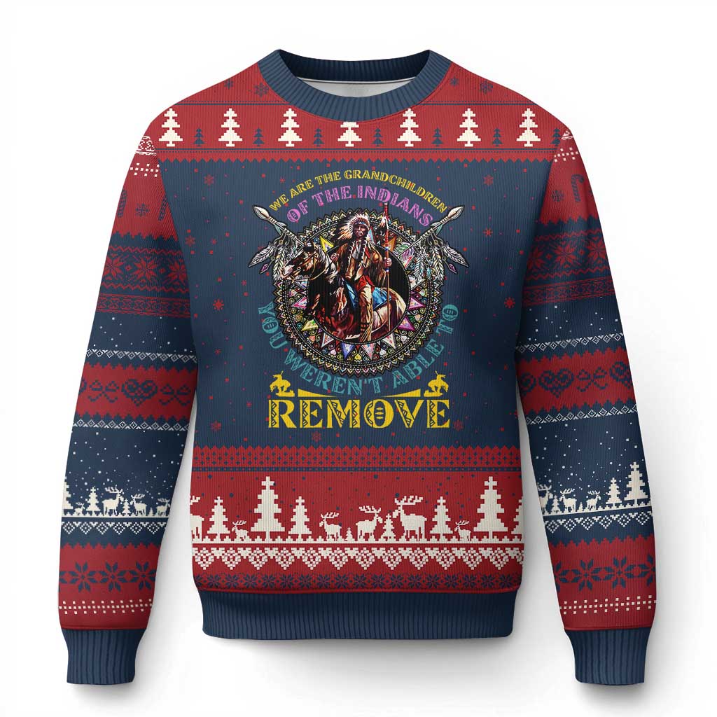 Native American Ugly Christmas Sweater We Are The Grandchildren Of The Indians Indigenous Warrior TS11 Navy Red Print Your Wear