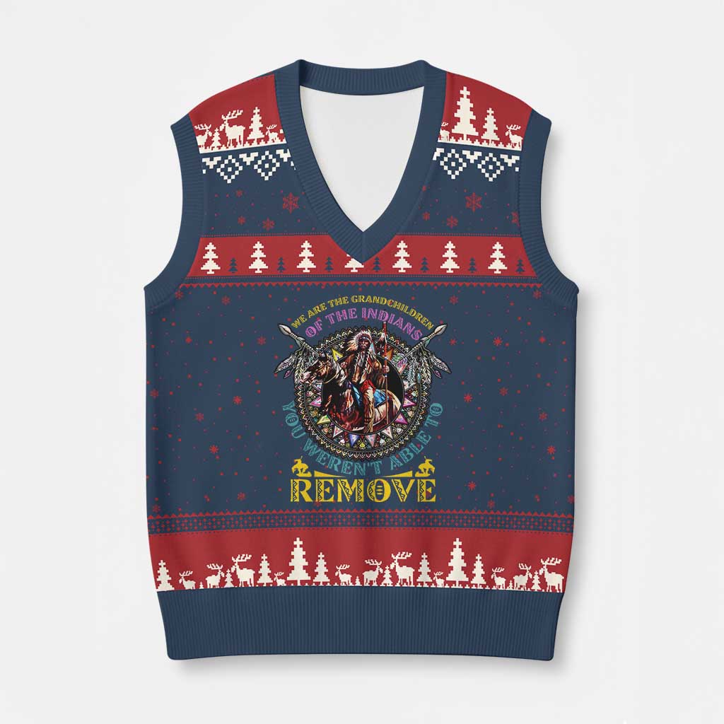 Native American V-Neck Knit Sweater Vest We Are The Grandchildren Of The Indians Indigenous Warrior TS11 Navy Red Print Your Wear