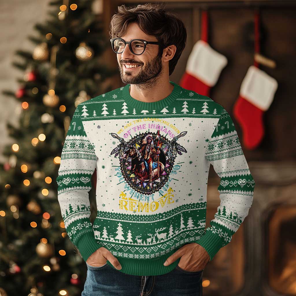 Native American Ugly Christmas Sweater We Are The Grandchildren Of The Indians Indigenous Warrior TS11 Green Print Your Wear
