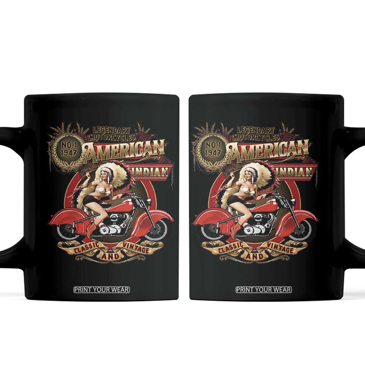 Native American Rider Coffee Mug American Indian Legendary Motorcycle Vintage Pin Up Girl TS11 Black Print Your Wear