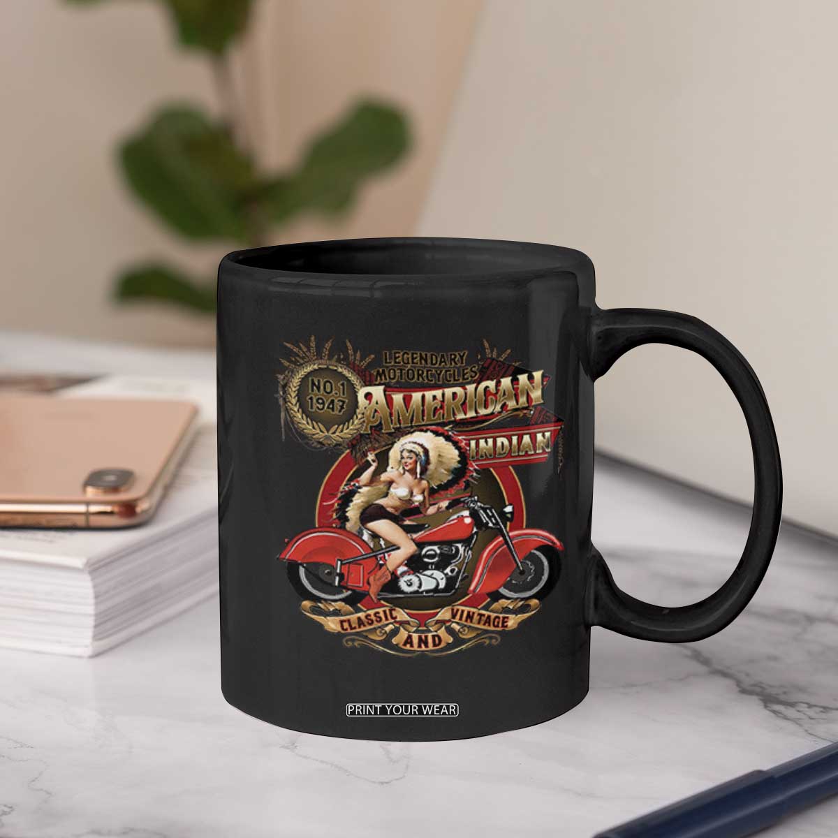 Native American Rider Coffee Mug American Indian Legendary Motorcycle Vintage Pin Up Girl TS11 Print Your Wear