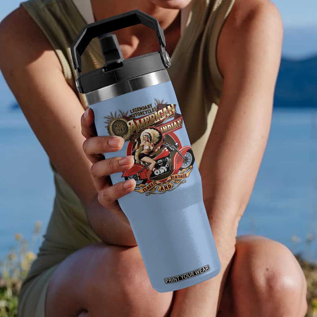 Native American Rider Flip Straw Tumbler American Indian Legendary Motorcycle Vintage Pin Up Girl TS11 One Size: 30 oz Light Blue Print Your Wear