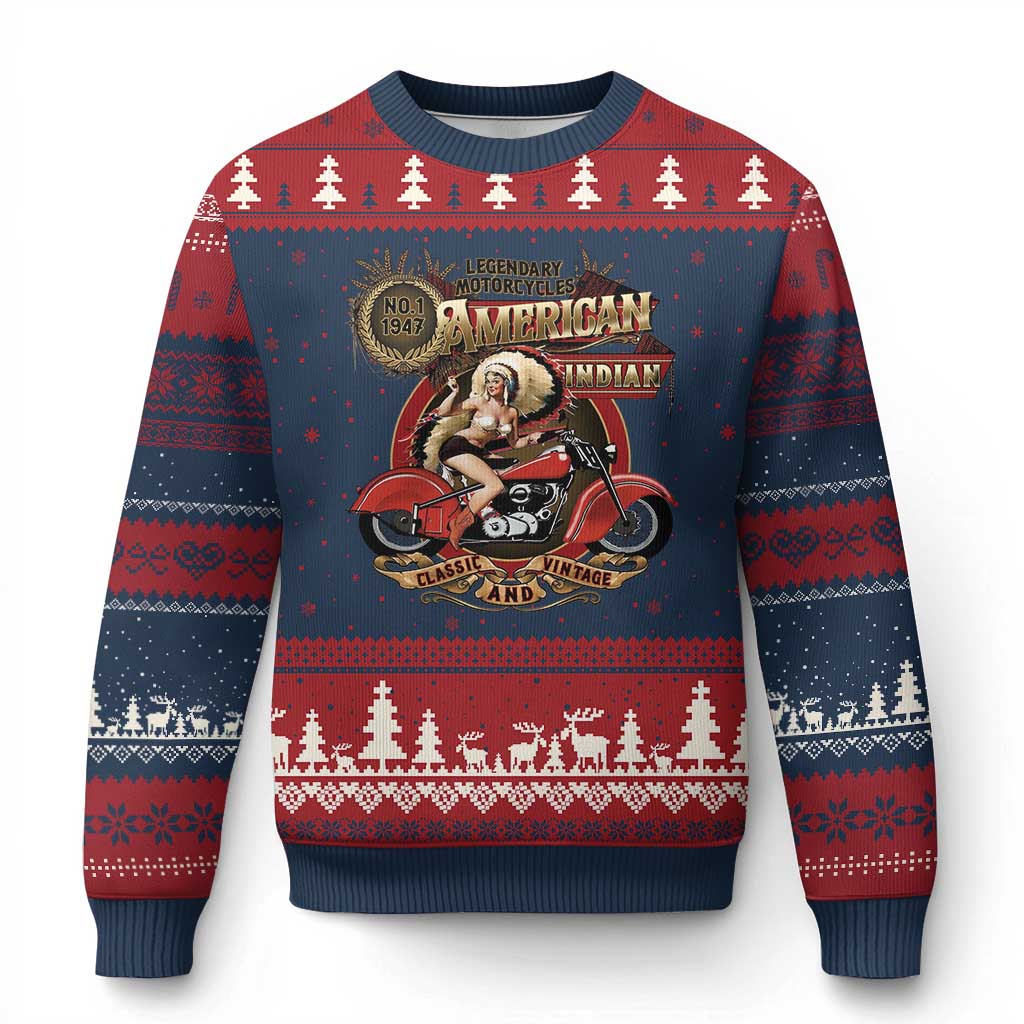 Native American Rider Ugly Christmas Sweater American Indian Legendary Motorcycle Vintage Pin Up Girl TS11 Navy Red Print Your Wear