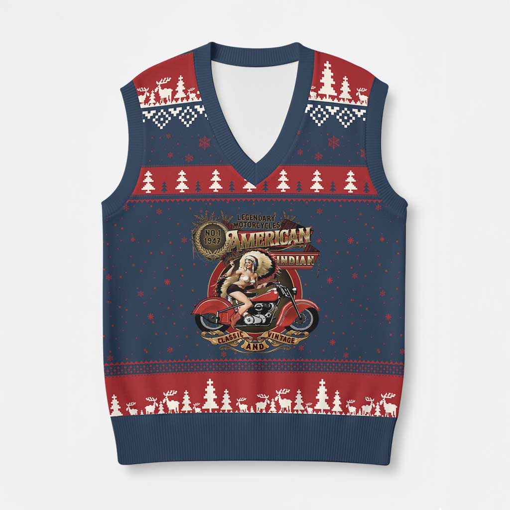 Native American Rider V-Neck Knit Sweater Vest American Indian Legendary Motorcycle Vintage Pin Up Girl TS11 Navy Red Print Your Wear