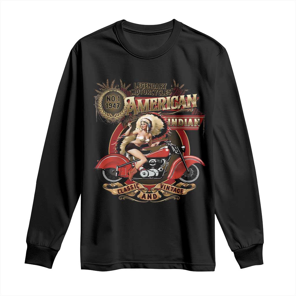 Native American Rider Long Sleeve Shirt American Indian Legendary Motorcycle Vintage Pin Up Girl TS11 Black Print Your Wear