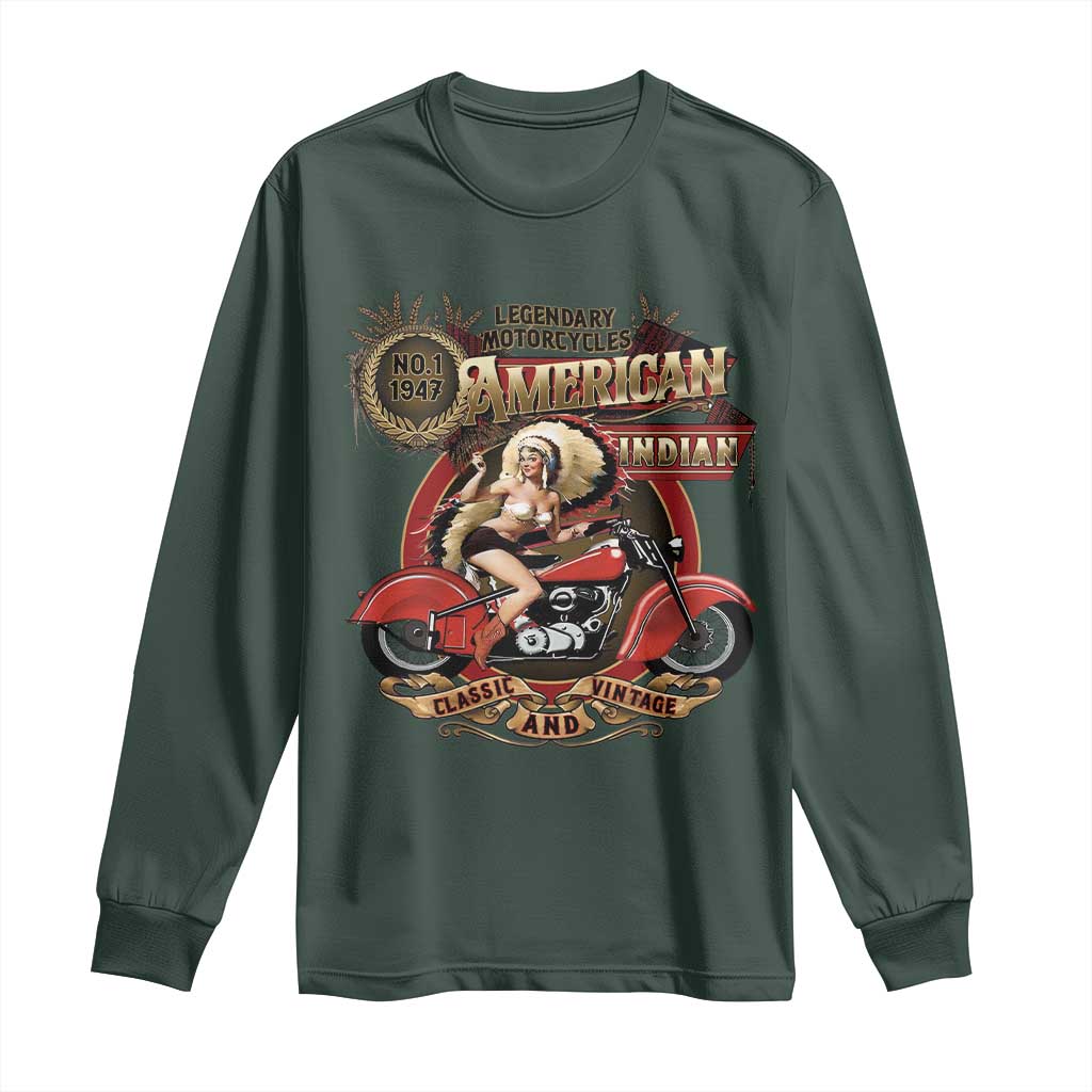 Native American Rider Long Sleeve Shirt American Indian Legendary Motorcycle Vintage Pin Up Girl TS11 Dark Forest Green Print Your Wear