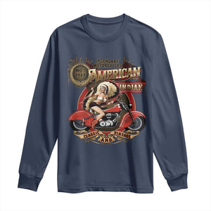Native American Rider Long Sleeve Shirt American Indian Legendary Motorcycle Vintage Pin Up Girl TS11 Navy Print Your Wear