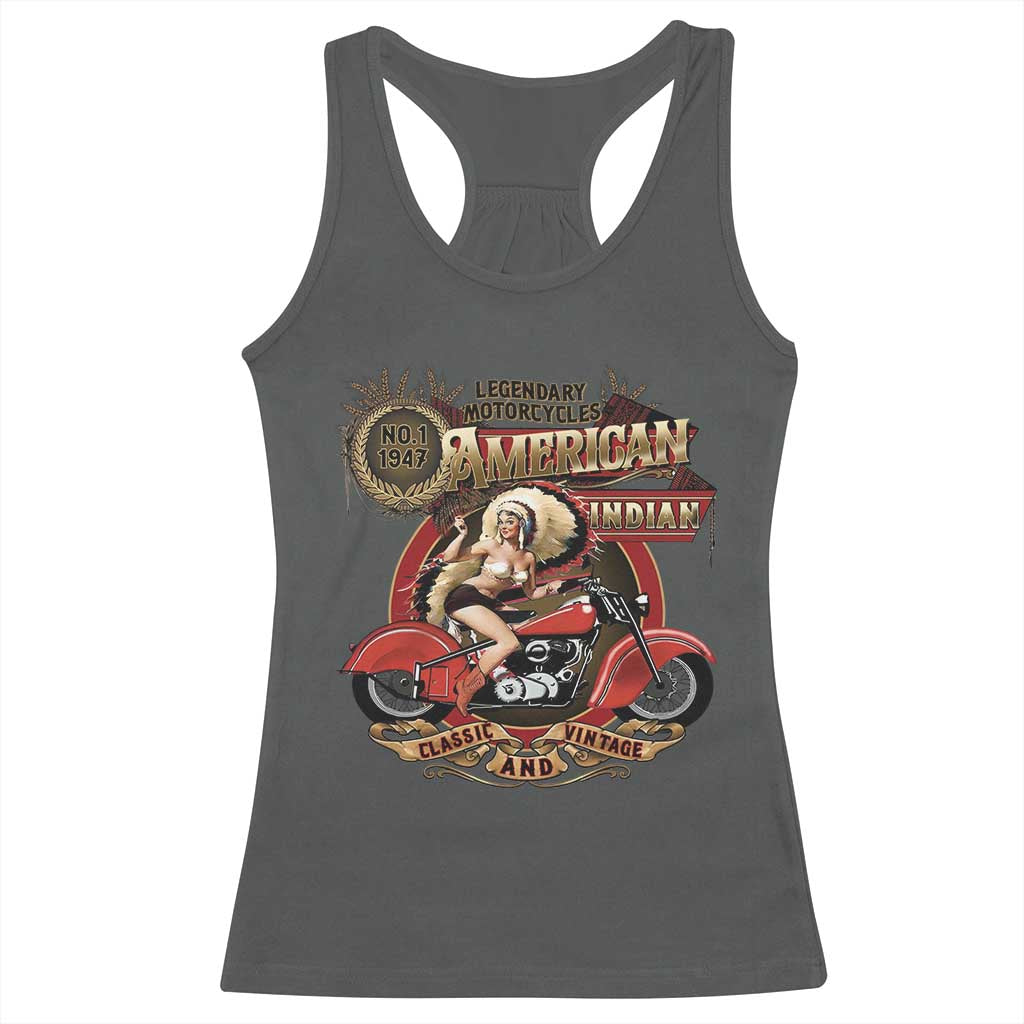Native American Rider Racerback Tank Top American Indian Legendary Motorcycle Vintage Pin Up Girl TS11 Dark Heather Print Your Wear