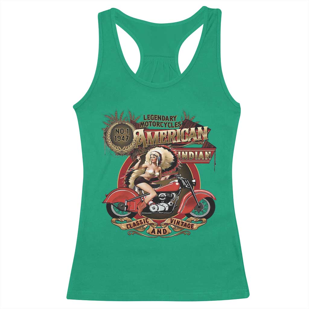 Native American Rider Racerback Tank Top American Indian Legendary Motorcycle Vintage Pin Up Girl TS11 Irish Green Print Your Wear