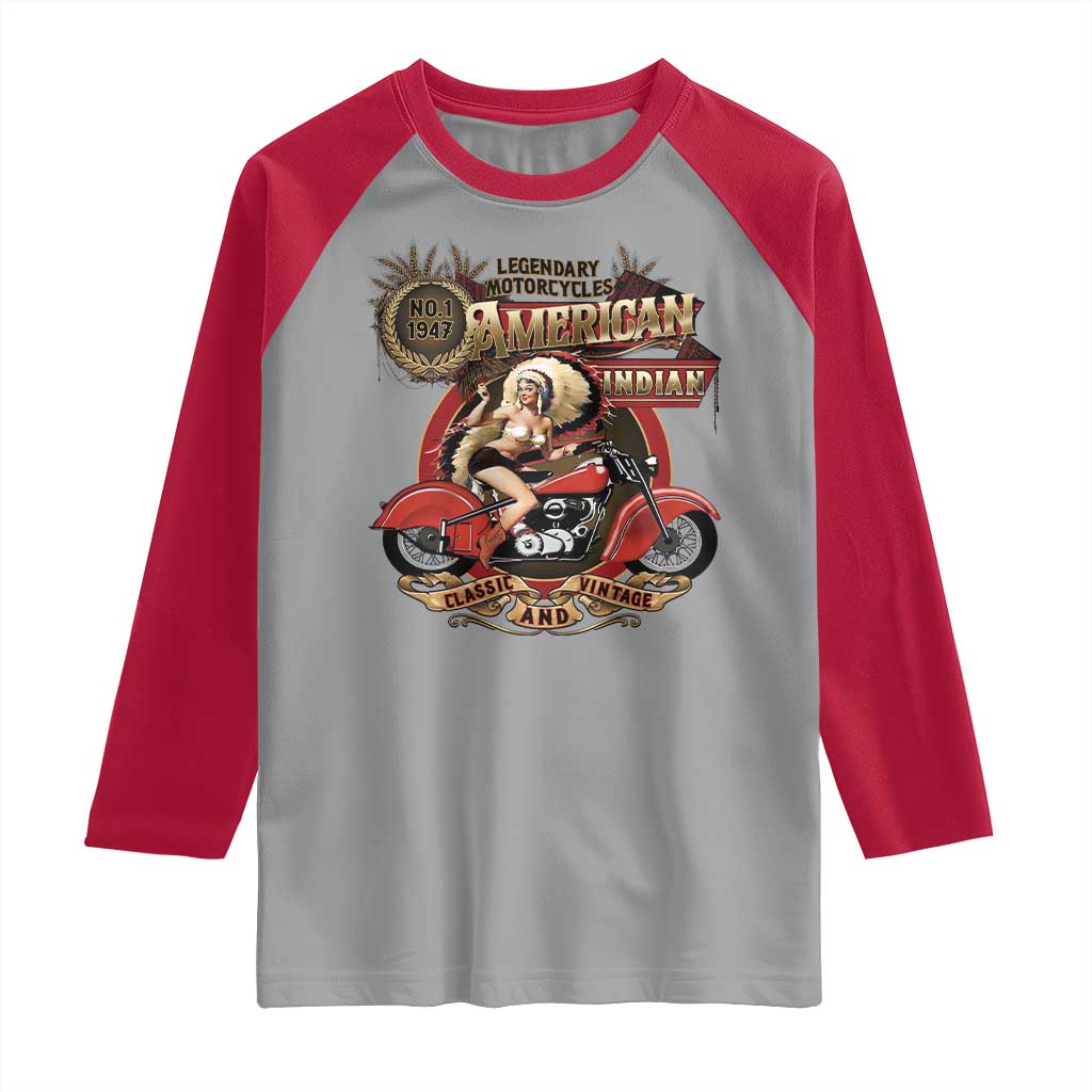 Native American Rider Raglan Shirt American Indian Legendary Motorcycle Vintage Pin Up Girl TS11 Sport Gray Red Print Your Wear