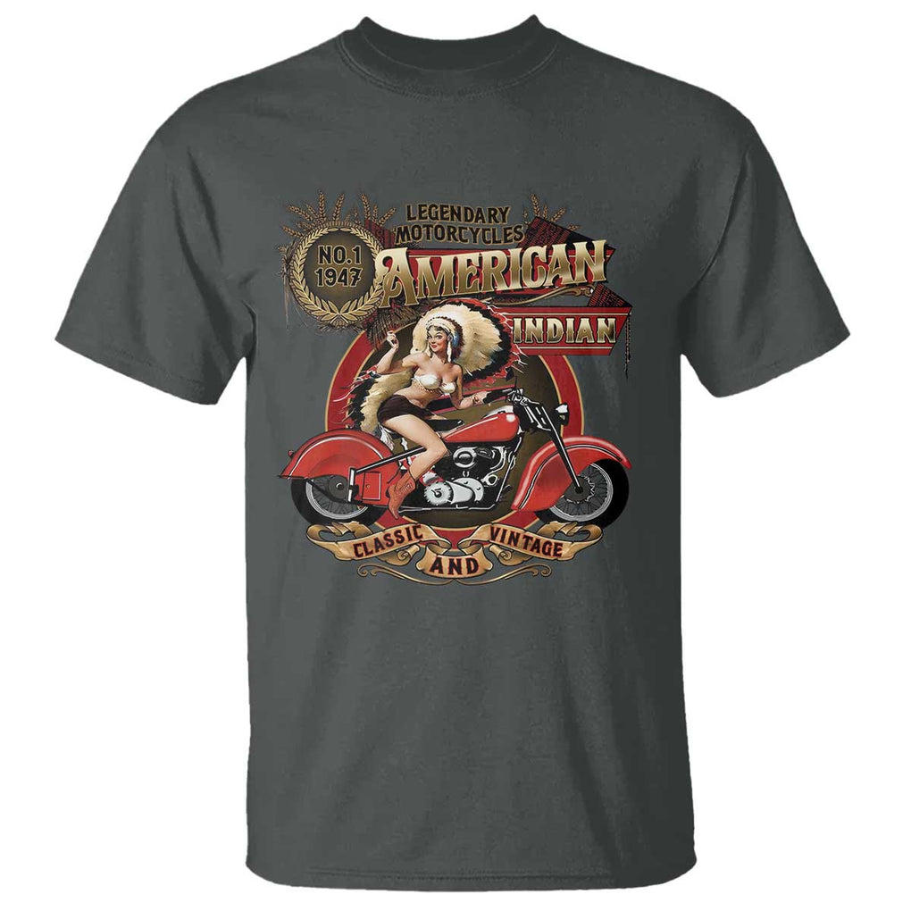 Native American Rider T Shirt American Indian Legendary Motorcycle Vintage Pin Up Girl TS11 Dark Heather Print Your Wear