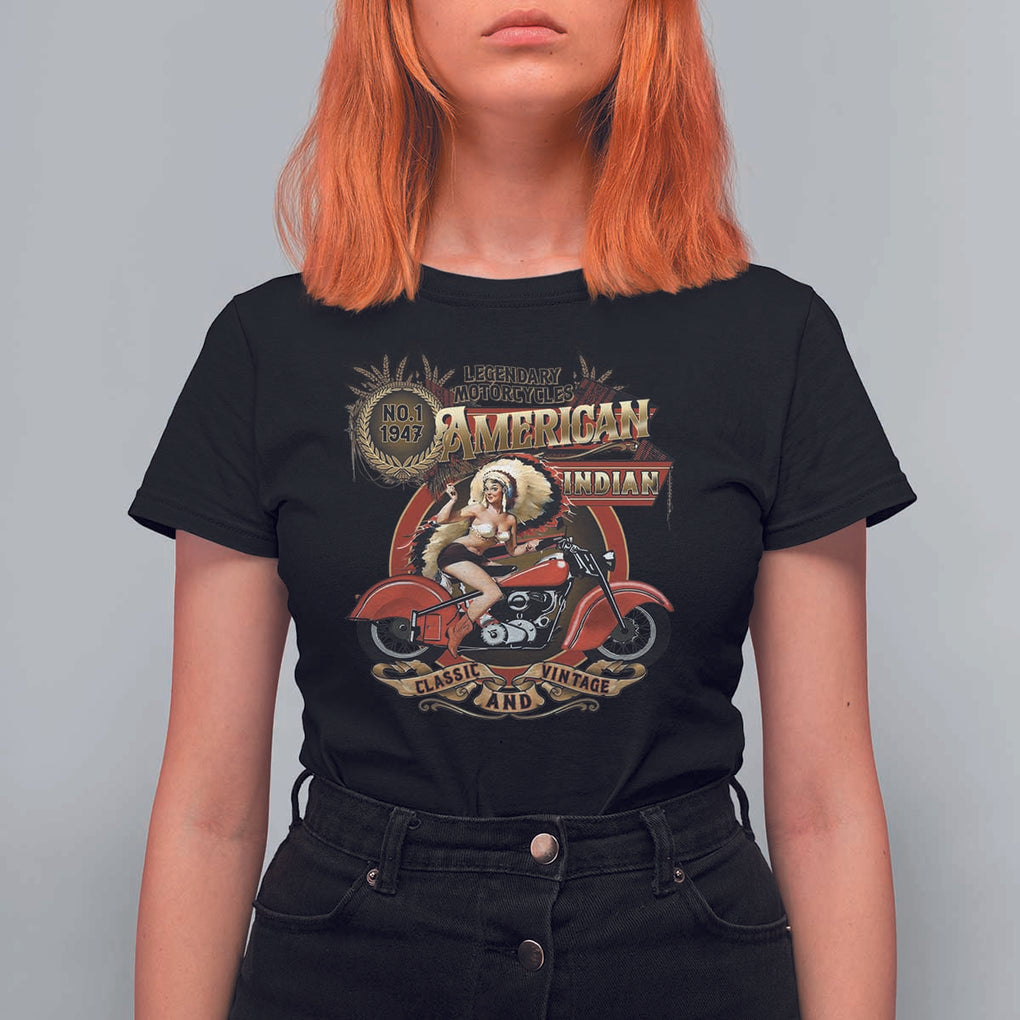 Native American Rider T Shirt For Women American Indian Legendary Motorcycle Vintage Pin Up Girl TS11 Black Print Your Wear