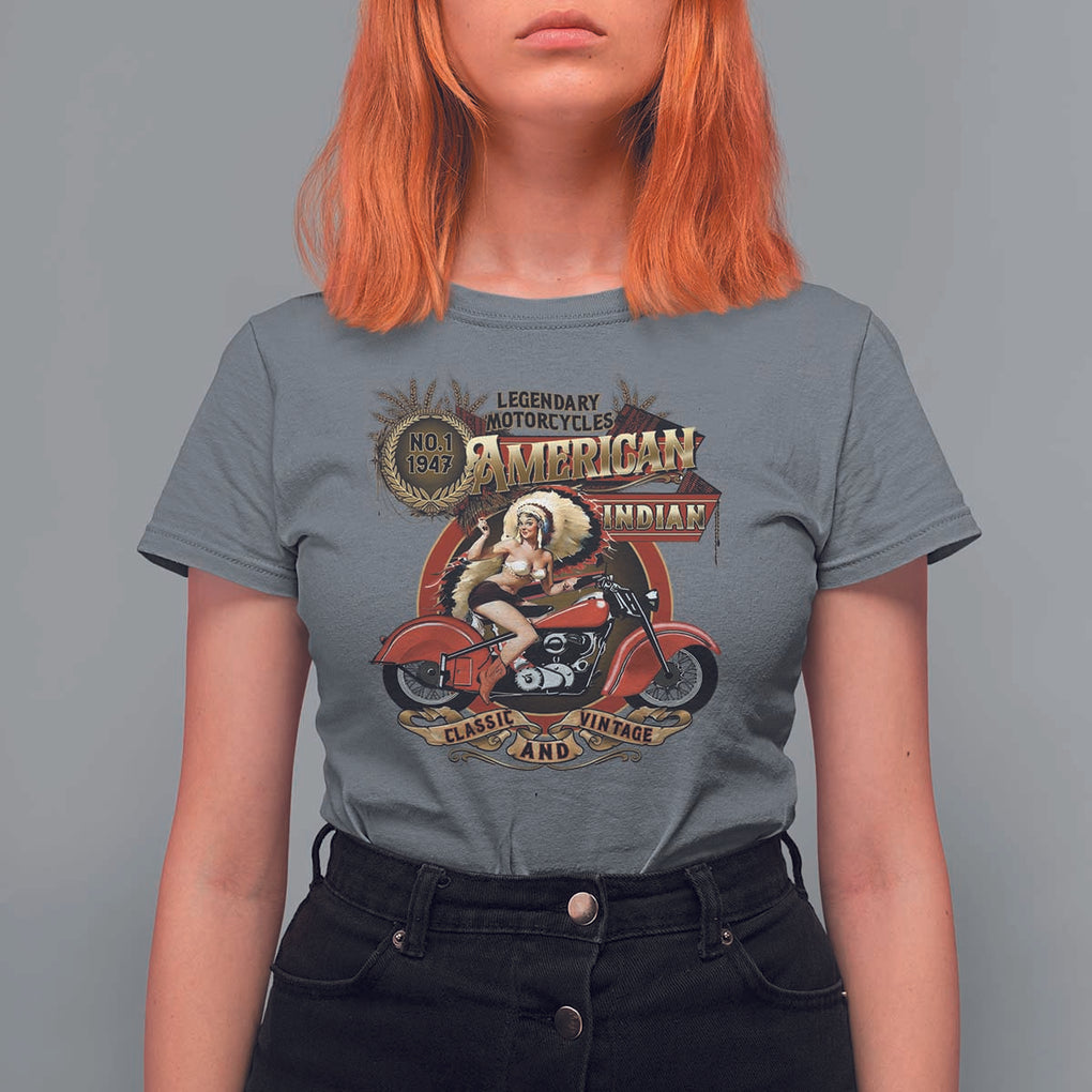 Native American Rider T Shirt For Women American Indian Legendary Motorcycle Vintage Pin Up Girl TS11 Charcoal Print Your Wear