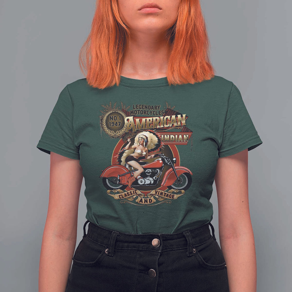 Native American Rider T Shirt For Women American Indian Legendary Motorcycle Vintage Pin Up Girl TS11 Dark Forest Green Print Your Wear