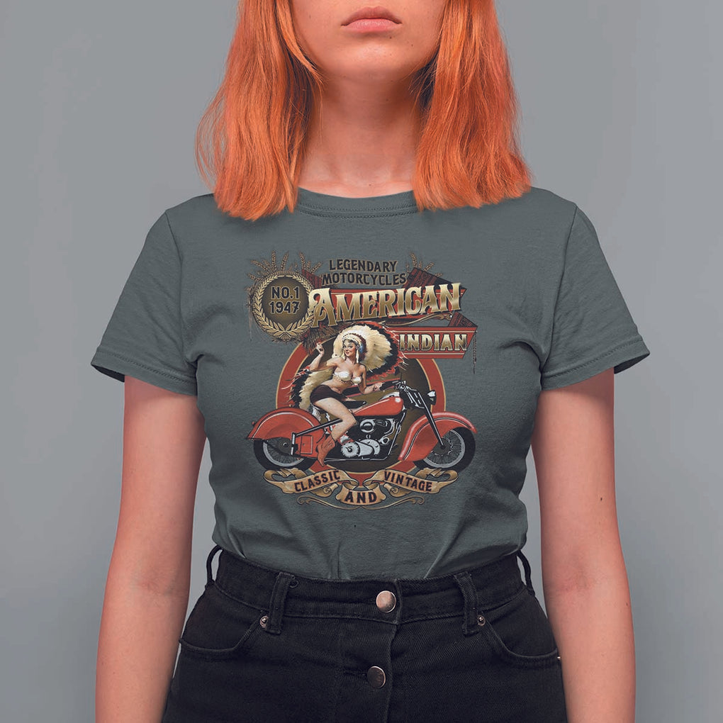 Native American Rider T Shirt For Women American Indian Legendary Motorcycle Vintage Pin Up Girl TS11 Dark Heather Print Your Wear