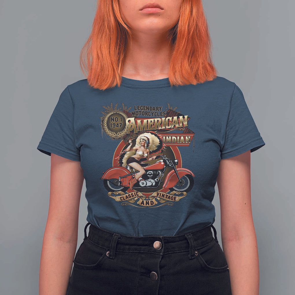 Native American Rider T Shirt For Women American Indian Legendary Motorcycle Vintage Pin Up Girl TS11 Navy Print Your Wear