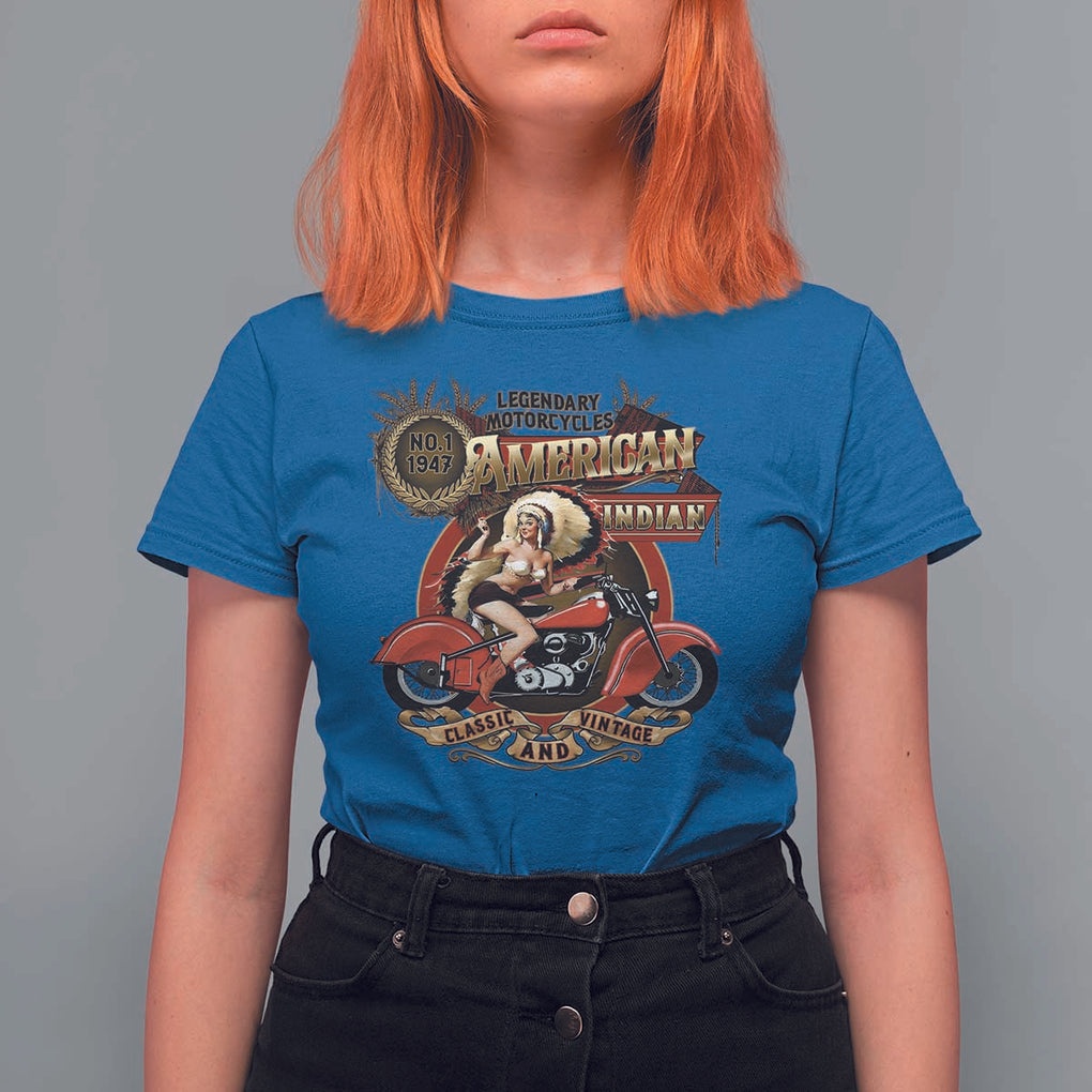 Native American Rider T Shirt For Women American Indian Legendary Motorcycle Vintage Pin Up Girl TS11 Royal Blue Print Your Wear