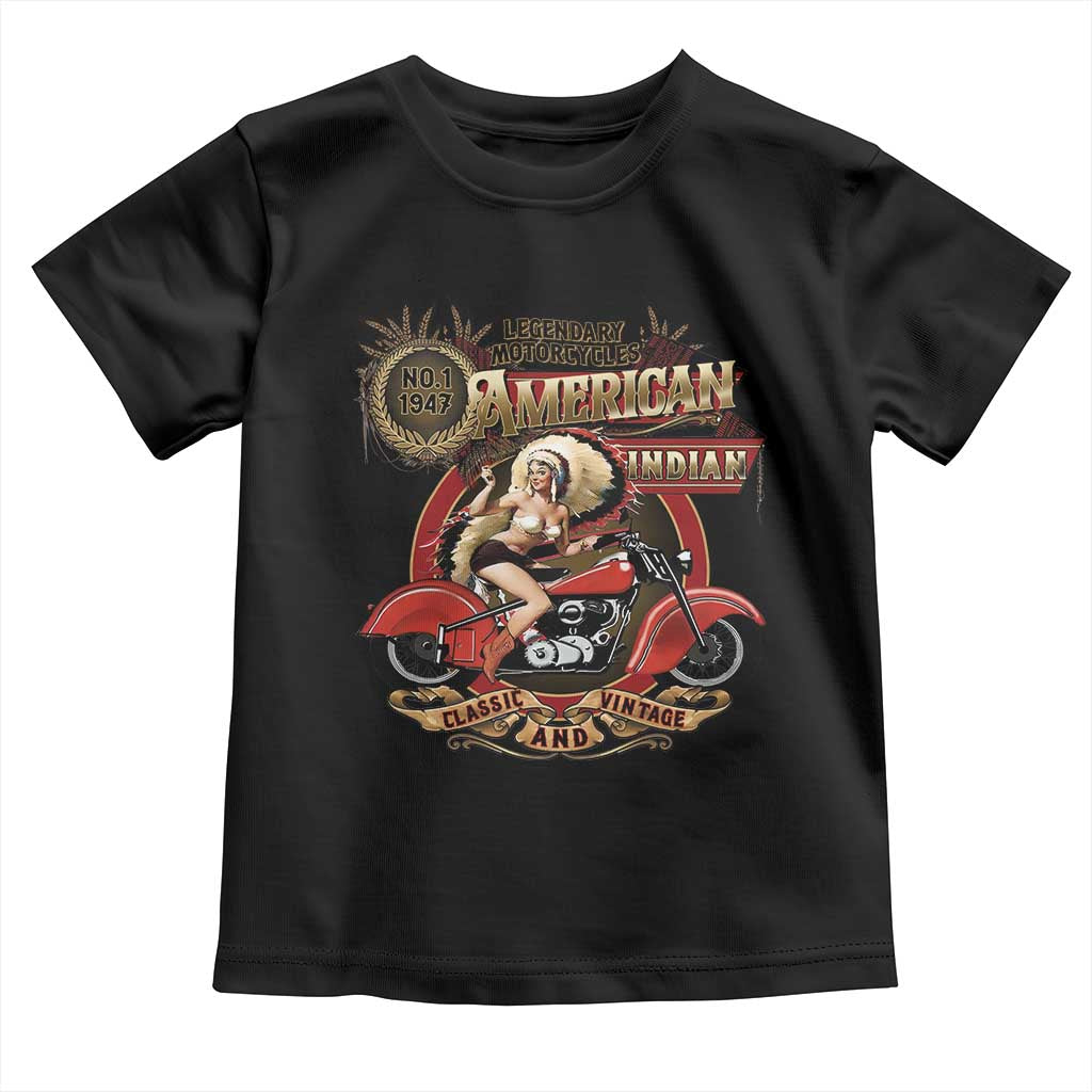 Native American Rider Toddler T Shirt American Indian Legendary Motorcycle Vintage Pin Up Girl TS11 Black Print Your Wear