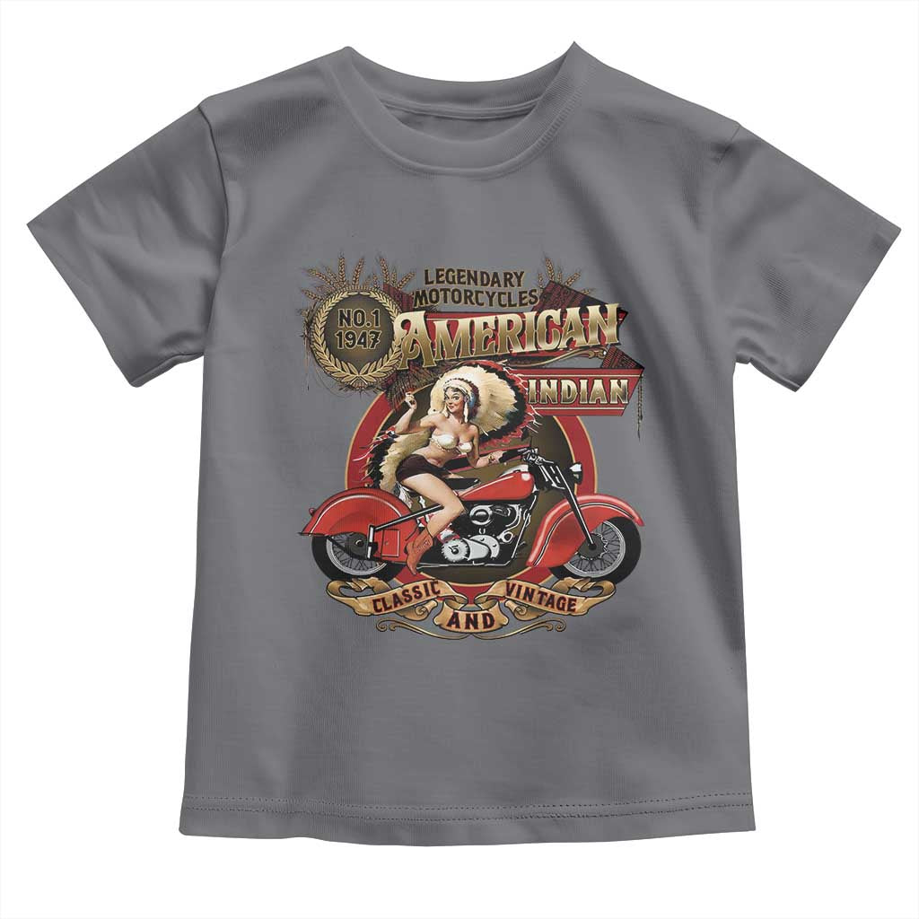 Native American Rider Toddler T Shirt American Indian Legendary Motorcycle Vintage Pin Up Girl TS11 Charcoal Print Your Wear