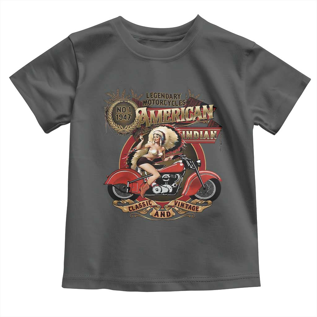 Native American Rider Toddler T Shirt American Indian Legendary Motorcycle Vintage Pin Up Girl TS11 Dark Heather Print Your Wear