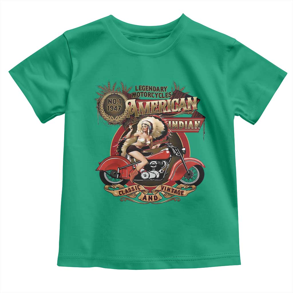 Native American Rider Toddler T Shirt American Indian Legendary Motorcycle Vintage Pin Up Girl TS11 Irish Green Print Your Wear