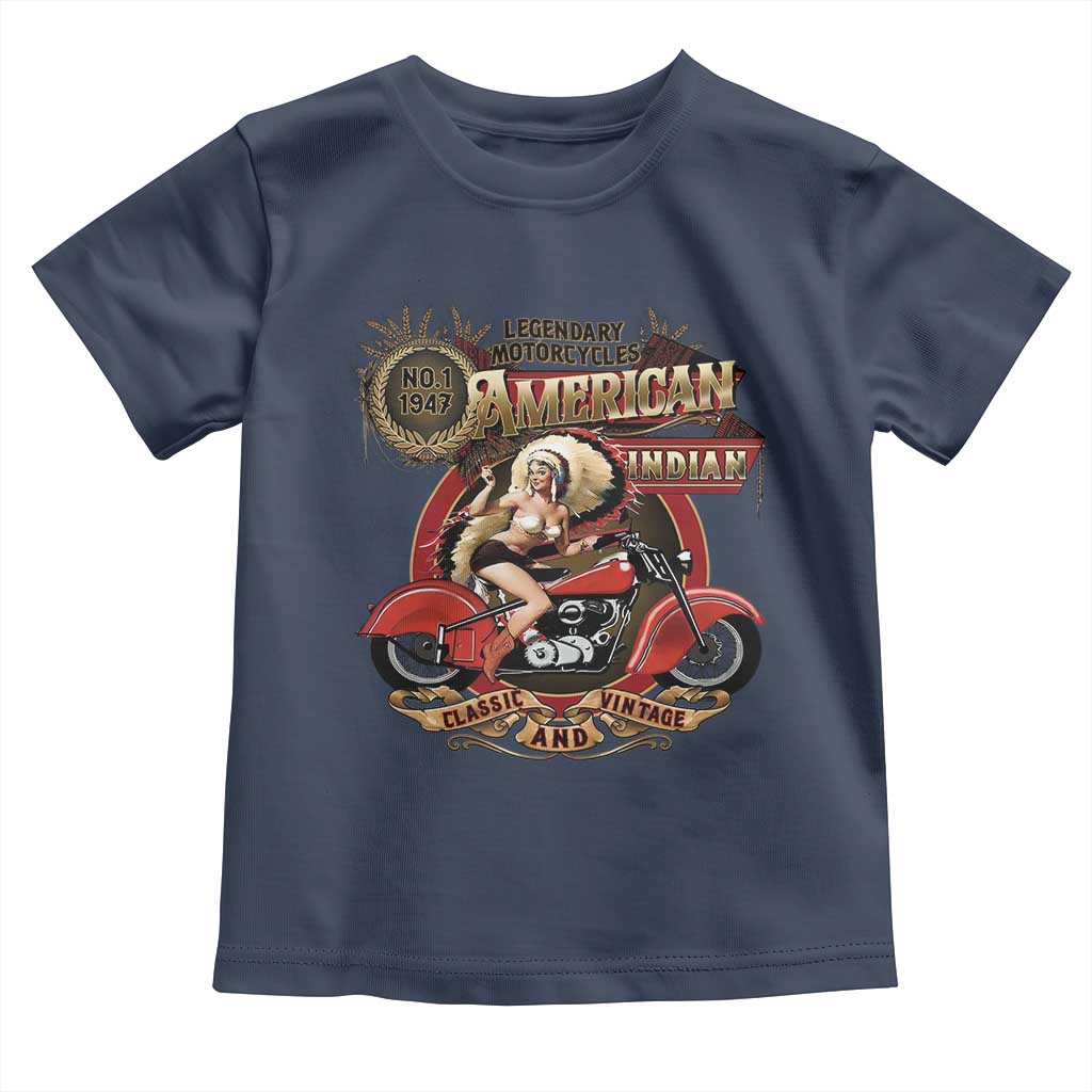 Native American Rider Toddler T Shirt American Indian Legendary Motorcycle Vintage Pin Up Girl TS11 Navy Print Your Wear