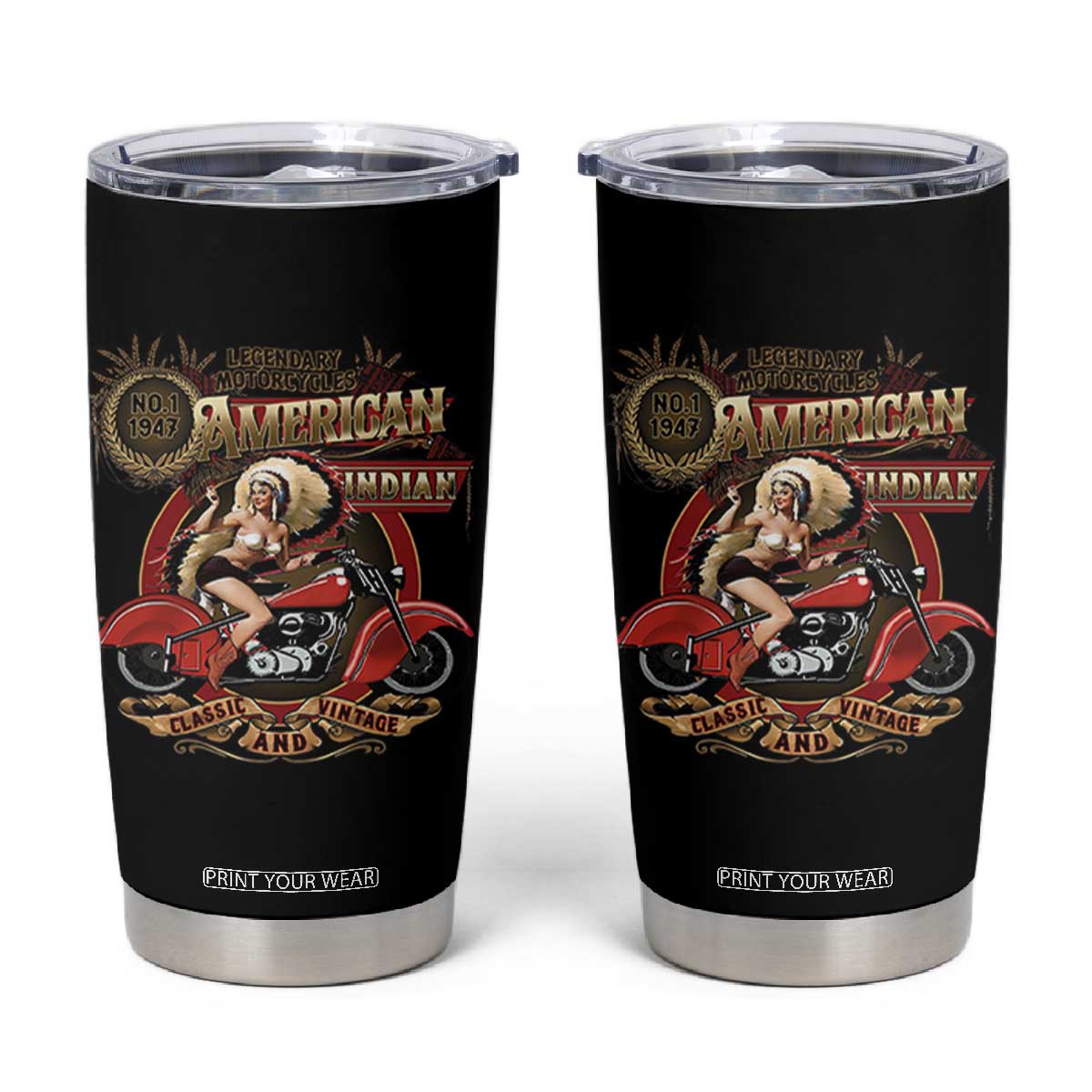 Native American Rider Tumbler Cup American Indian Legendary Motorcycle Vintage Pin Up Girl TS11 Black Print Your Wear