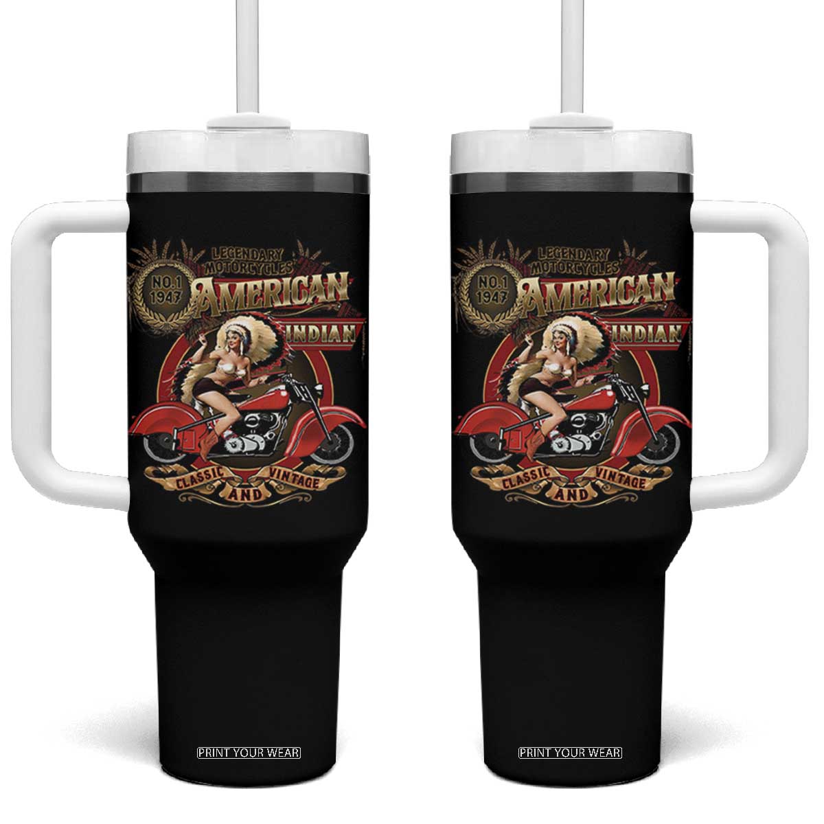 Native American Rider Tumbler With Handle American Indian Legendary Motorcycle Vintage Pin Up Girl TS11 One Size: 40 oz Black Print Your Wear