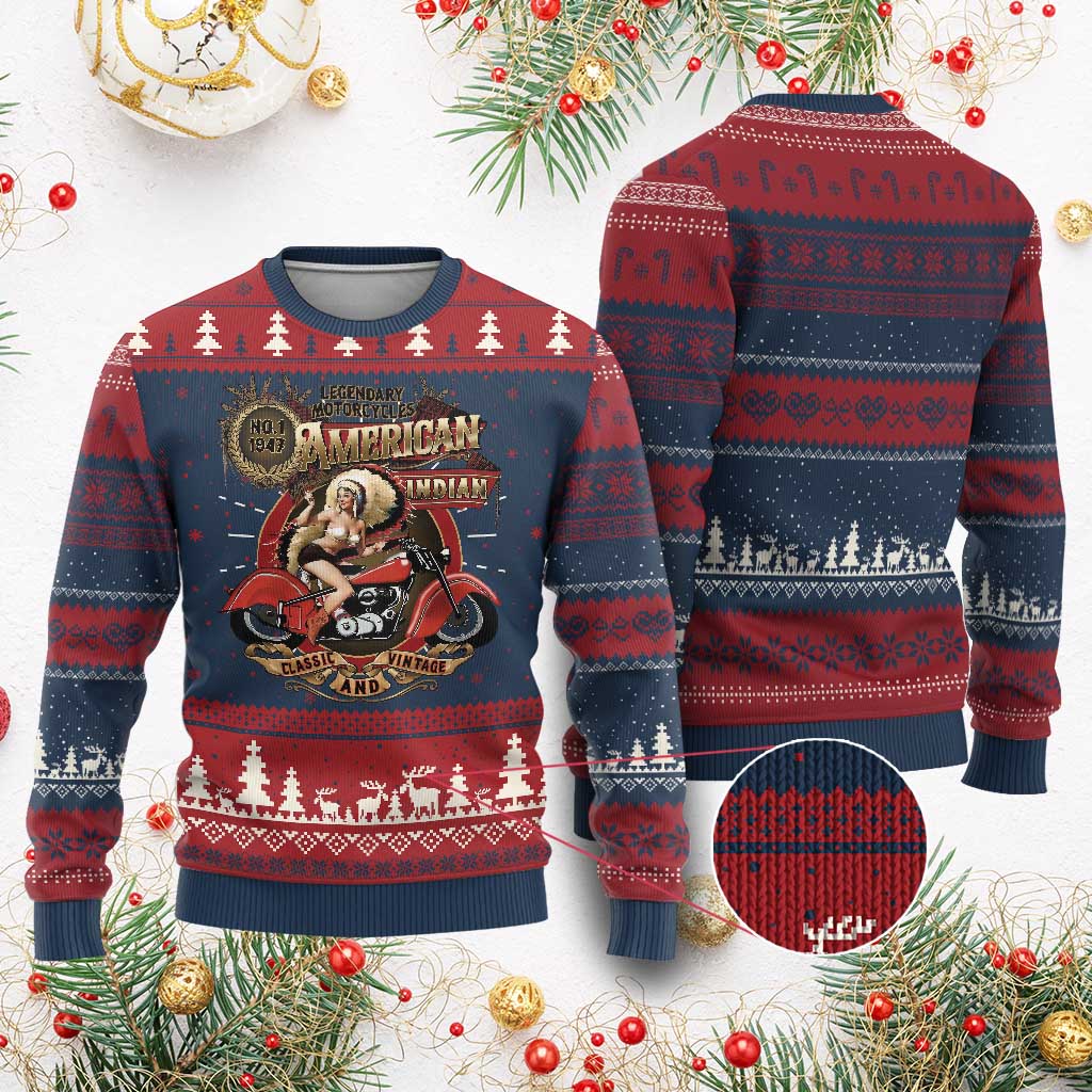 Native American Rider Ugly Christmas Sweater American Indian Legendary Motorcycle Vintage Pin Up Girl TS11 Burgundy Print Your Wear