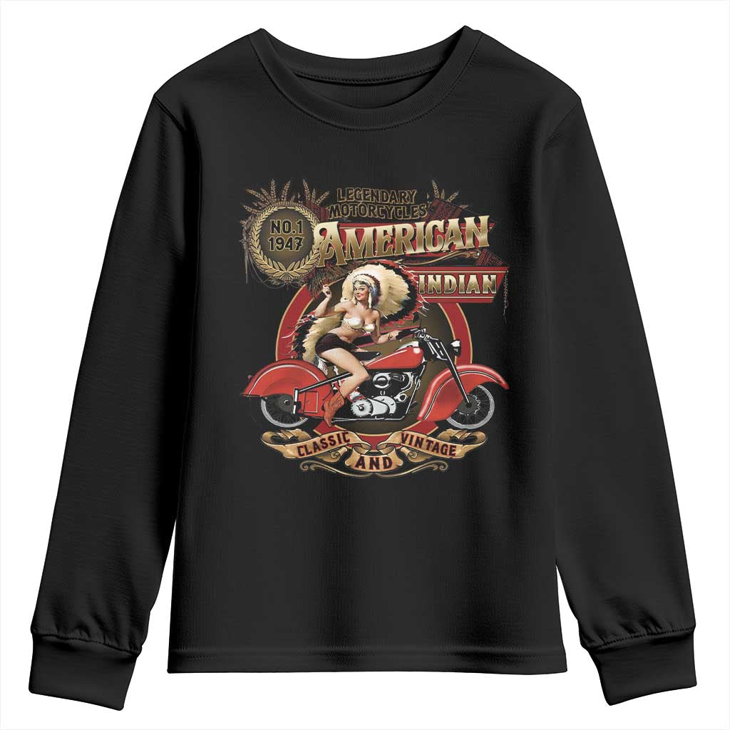 Native American Rider Youth Sweatshirt American Indian Legendary Motorcycle Vintage Pin Up Girl TS11 Black Print Your Wear