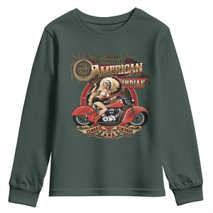 Native American Rider Youth Sweatshirt American Indian Legendary Motorcycle Vintage Pin Up Girl TS11 Dark Forest Green Print Your Wear