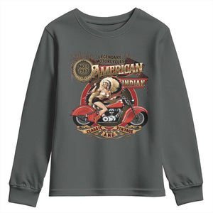 Native American Rider Youth Sweatshirt American Indian Legendary Motorcycle Vintage Pin Up Girl TS11 Dark Heather Print Your Wear