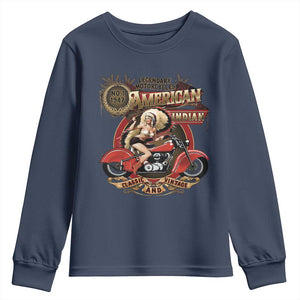 Native American Rider Youth Sweatshirt American Indian Legendary Motorcycle Vintage Pin Up Girl TS11 Navy Print Your Wear