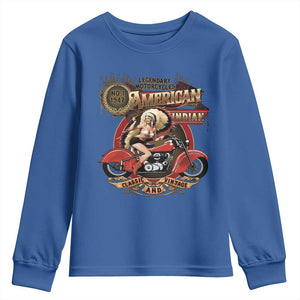 Native American Rider Youth Sweatshirt American Indian Legendary Motorcycle Vintage Pin Up Girl TS11 Royal Blue Print Your Wear